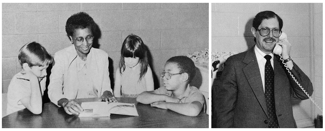 Portraits of Hayfield Elementary principals Audrey Montgomery and Edwin Grady. Montgomery is seated at a table reading to three students, and Grady is in his office speaking on the telephone.  