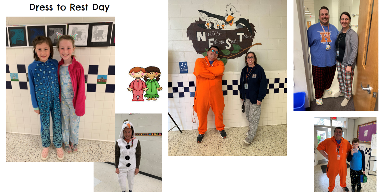 Students and staff in pajamas. 